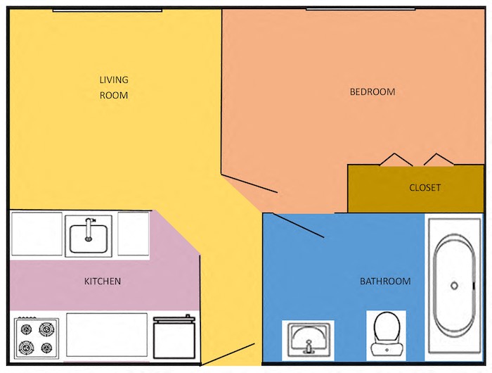 Floor plan for 1 bed, 1 bath, 600 sqft